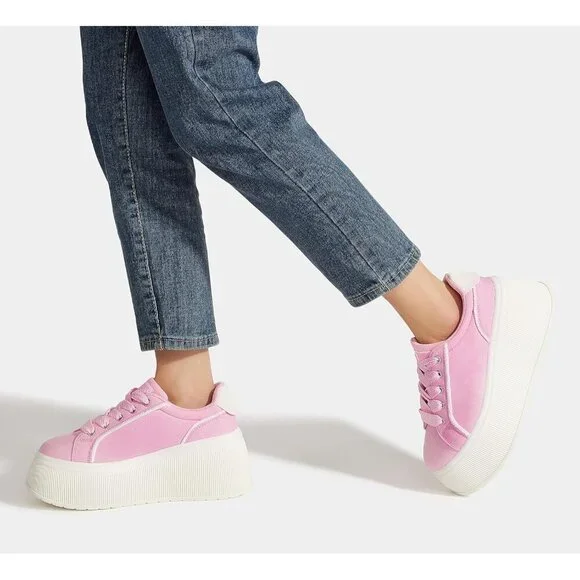 Brand New Women Pink Rubber Platform Wedge Canvas Sneakers Fashion Shoes - Picture 8 of 9